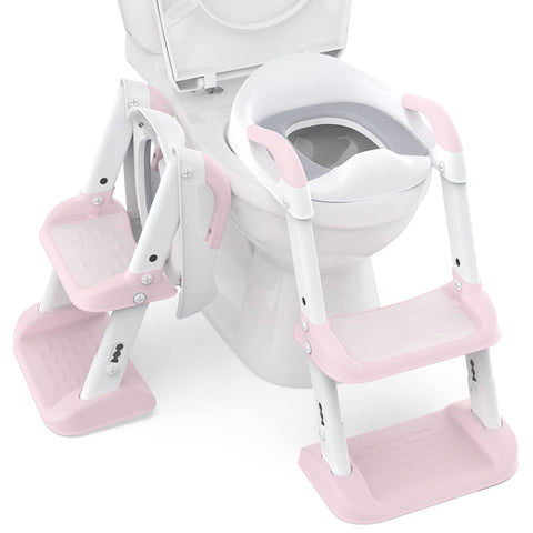 Potty Training Toddler Seat with Ladder, Double Step Potty Step Stool for Kids, Foldable Potty Toilet Seat with PU Cushion, 6-Leves Height and Wide Anti-Slip Pad for Baby Boys Girls, Pink