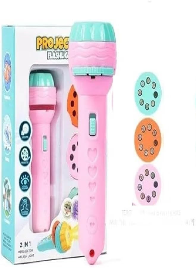 Kids Projector Flashlight Toy, 2 in 1, 3 Slide Discs with 24 Patterns, Pink, 11.3CM, for Boys and Girls