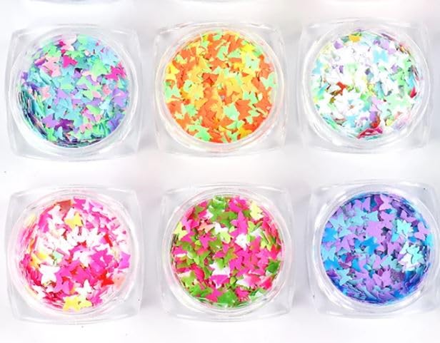 6 Boxes Glitter Holographic Butterfly Nail Sequins 3D Butterfly Nail Art Flakes Iridescent Laser Paillette for Manicure Makeup Decorations (Holographic Series)
