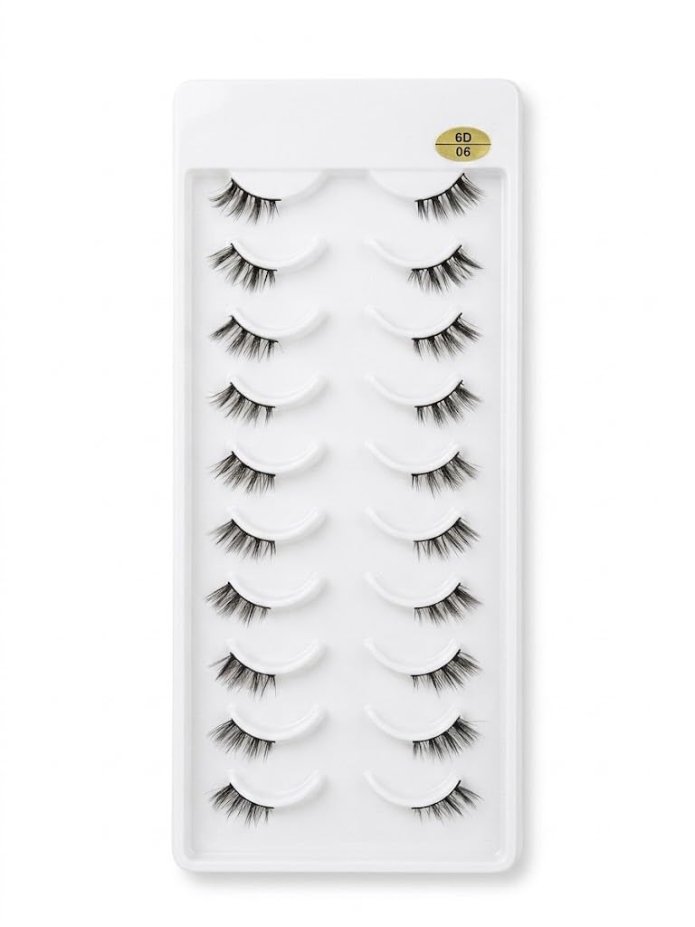3D Clear Band HALF Lashes 1 Natural Soft Faux Mink Lashes Cat Eye Wispy Short Cross Reusable False EyeLashes 10 Pairs - (N-6D/6)