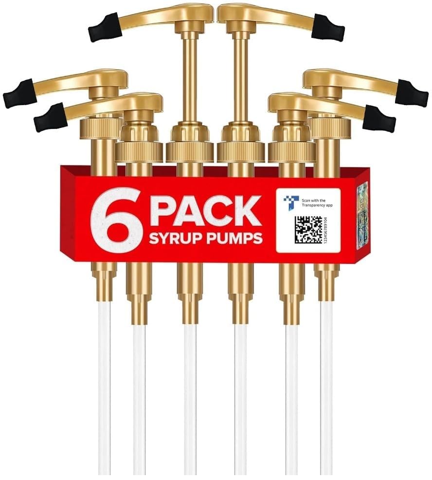 6-Pack Little Squirt Gold Coffee Syrup Pump Dispenser with Tip Cover – Fits 750ml (25.4oz) Torani, Skinny, DaVinci Bottles – Precise Coffee Syrup Dispenser for Coffee Bar & Home Use