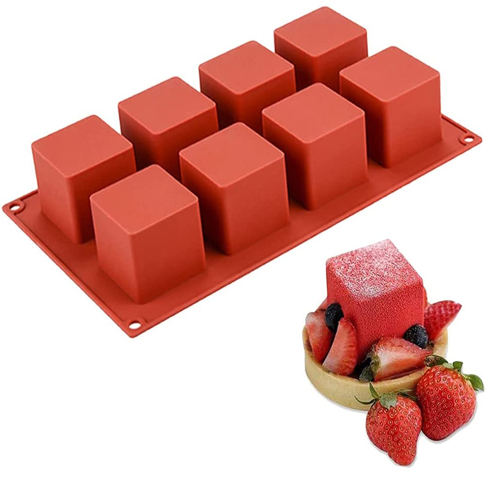 3D Square Silicone Mold, 8-Cavity Red Cube Mold, for Mousse Cakes, Soaps, Chocolates & More