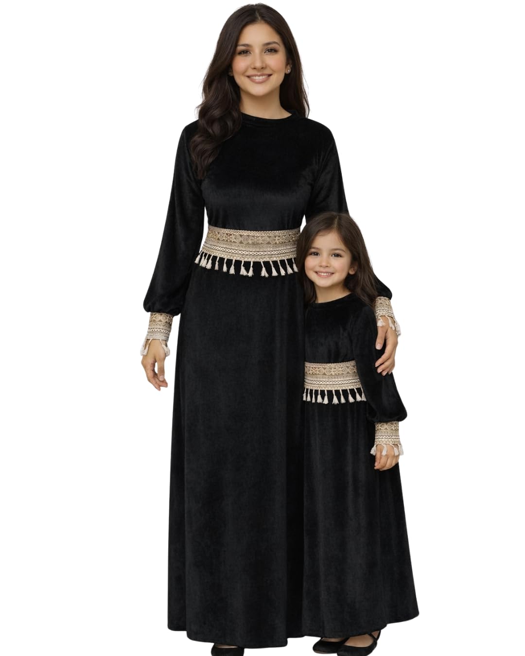 Girls Velvet Ramadan Dress with Separate Tassel Trim, Long Sleeve Islamic Abaya, Traditional Modest Maxi Dress for Kids