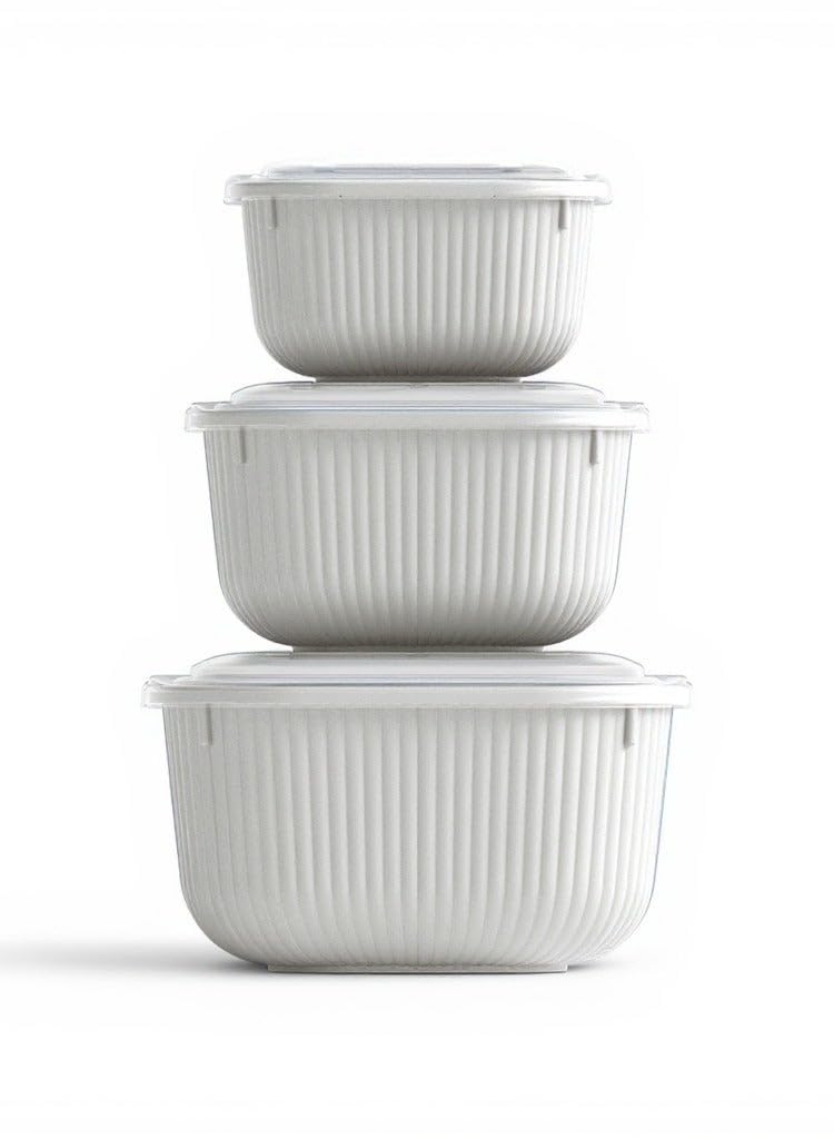 Plastik 3 Pcs Food Storage Container Set with Snap Lids Line Square Airtight Bowls for Kitchen Organization (600 ml, 1100 ml, 1800 ml) Microwave-Safe Bowl. Beige