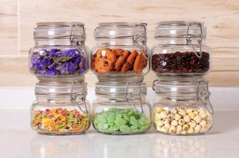 Glass Storage Jars with Airtight Lids, Set of 6, Clear Container Set with Clip Lock, Kitchen Food Storage