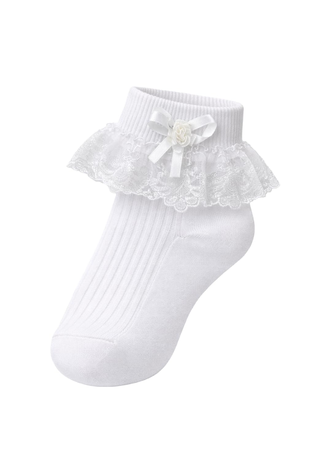 Girls White Ruffle Lace Socks Elegant Bow Soft Cotton Socks for Kids 1-10 Years