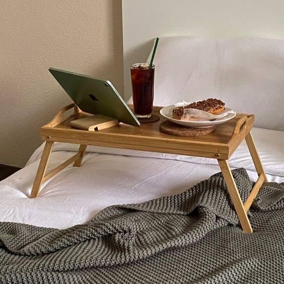 Bamboo Bed Tray with Folding Legs Portable Laptop Table, Snack and Breakfast Tray