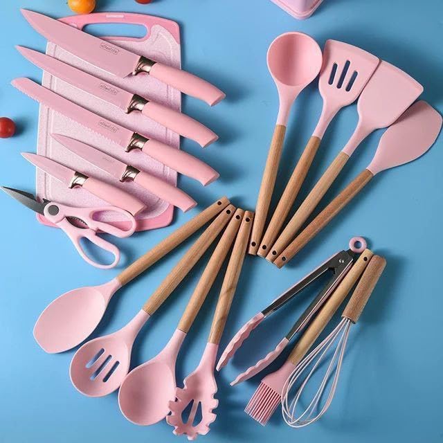 18 Piece Kitchen Utensil Set with Silicone Cooking Tools, Stainless Steel Knives, Wooden Handles, Heat Resistant Spatulas & Cutting Board (Pink)