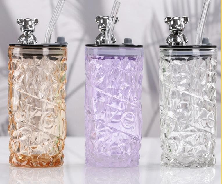 ZLZIDAN Glass Tumbler with Straw and Lid, Colorful Glass Drinking Jars for Juice, Ice Coffee, Ice Drinks, Smoothies, Tea, Coffee, 350ml (purple)