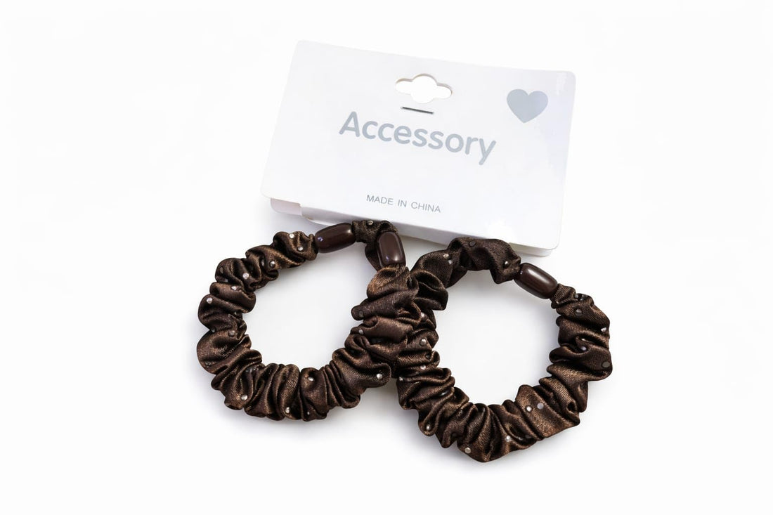 Silk Hair Scrunchies Soft & Comfortable Small Silk Scrunchy Skinny Hair Ties Bows Ropes Elastics Ponytail Holders for Women Girls Hair Accessories Set of 2 (Brown)