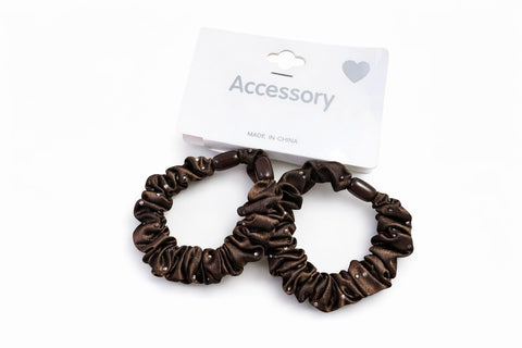 Silk Hair Scrunchies Soft & Comfortable Small Silk Scrunchy Skinny Hair Ties Bows Ropes Elastics Ponytail Holders for Women Girls Hair Accessories Set of 2 (Brown)