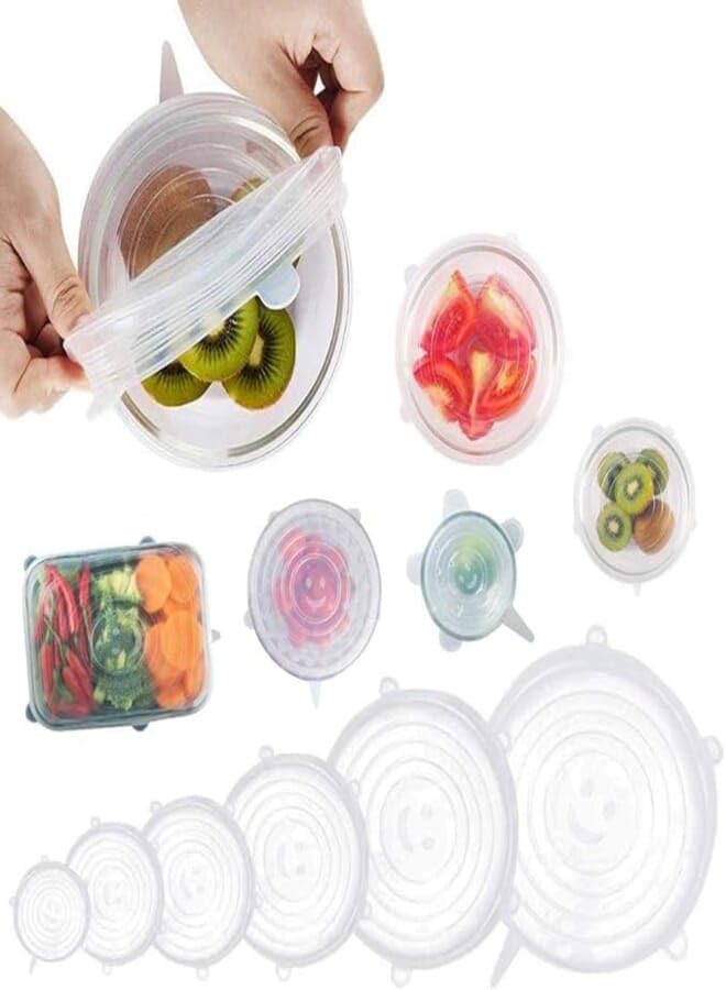 Shreeji Retails Silicone Multi Size Stretch Lids Food Saver Microwave, Microwave Safe, Freezer Covers for Bowl, Can, Jar, Glassware (Multicolour) - Set of 6