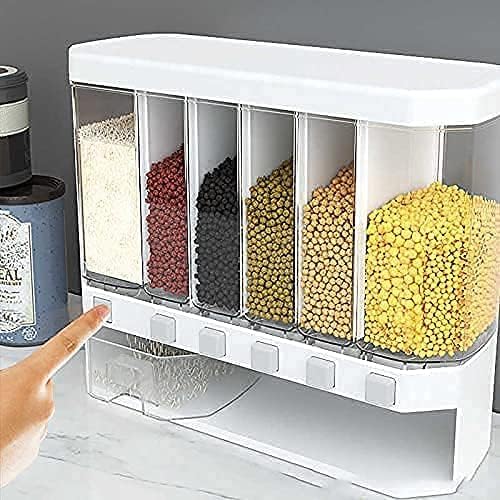 Dry Food Dispenser Wall Design Stylish 6 Compartment Storage for Cereal, Rice, Nuts, Coffee Beans and Snacks – Space Saving, Easy to Use and Install in Kitchen