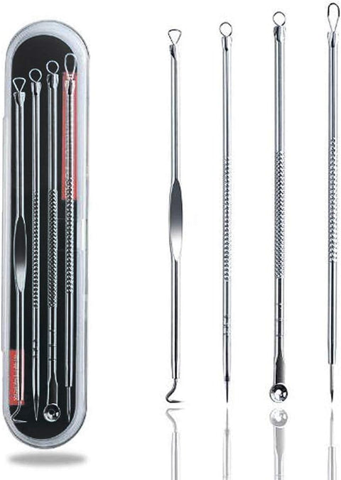 blackhead remover kit pimple and blemish extractor with anti slid handle, Stainless steel needles with a storage case, pack of 4 blackhead remover tools.
