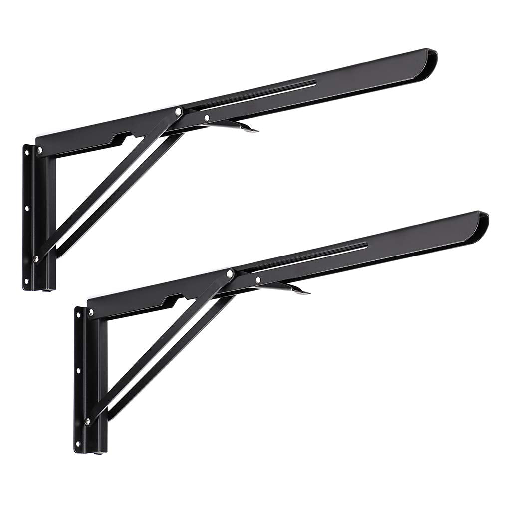 Sumnacon 2 Pcs 20 Inch Sturdy Folding Shelf Brackets - Heavy Duty Triangle Table Bench Folding Shelf Brackets, Wall Mounted Metal Folding Shelf Hinge, Black