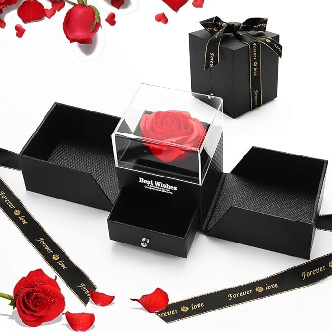 NUBIAA Rose for Women, Beauty and the Beast Rose Jewellery Gift Box in Stabilized Flower Never Withered Flower, Father's Day, Women's Day, Anniversary, Wedding, Birthday Gift (BLACK)