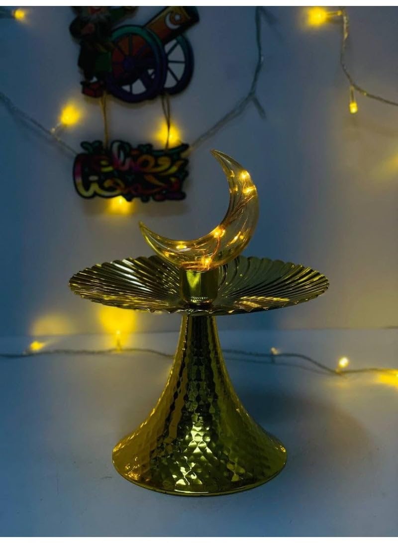 Tamara Ramadan Date Serving Dish with Crescent and Star LED Lights, Gold Color, Metal Material, Size: 23 cm (Medium)