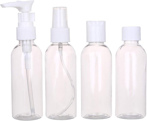 Clear Plastic Empty Bottle Travel Size Set - 4 Piece- Travel Size Bottle Kit Reusable BPA-Free Refillable Leak-Proof Dispensers Sprayers Lotion Shampoo Soap Liquids Makeup Skincare Toiletries