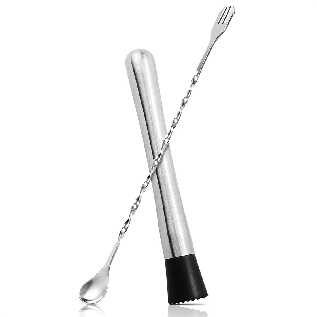 Benting Cocktail Muddler, Muddler and Bar Spoon Cocktail Stirring Spoon, Stainless Steel Cocktail Muddler Stirrer, Long Handled Cocktail Spoon, Bar Accessory Tool for Mojito Fruit Drinks