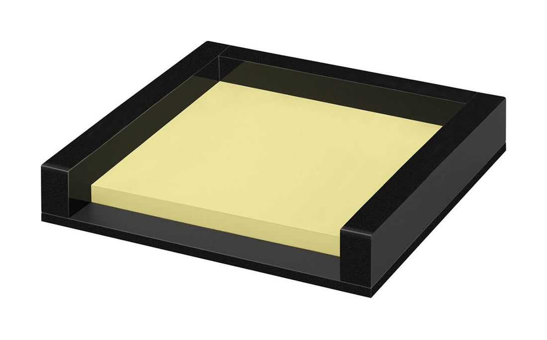 JAZZEEL A Black Acrylic Glass Memo Box with 50 Sticky Notes and Rubber Feet - A 7.6x7.6 cm Desk Organizer and Note Dispenser in a Gift Box - Black