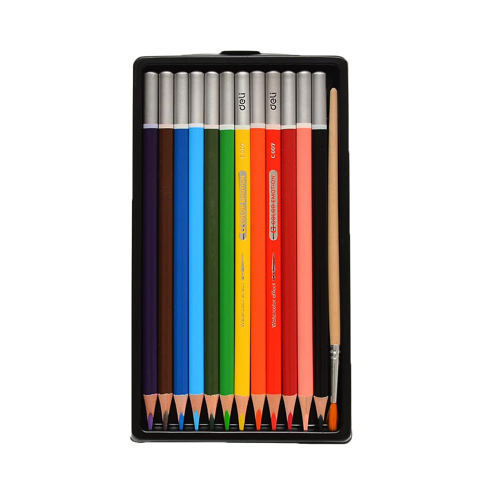 Deli emotion c00700 watercolor pencils with a brush pack of 12 colors - mutli color