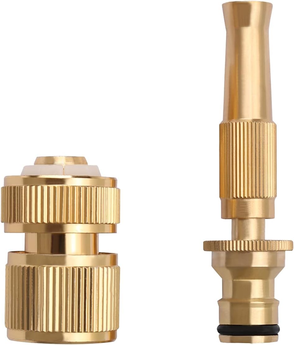 Generic Brass Garden Hose Nozzle with Adjustable Sprayer, 1/2" Hose Connection, Quick Coupler, Globe Valve, 2-Port, Copper Body, Brass Finish