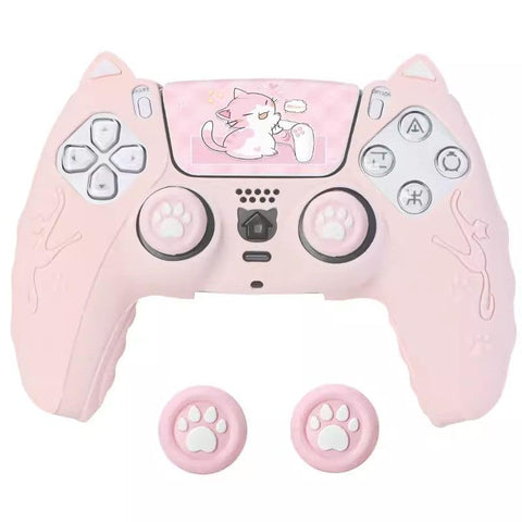Soft Flat Anti-Slip Studded Silicone Gel Grip Cover for PlayStation 5 Dualsense, Rubber Protector Plus 2 Raised Thumb Grip Caps. (pink)
