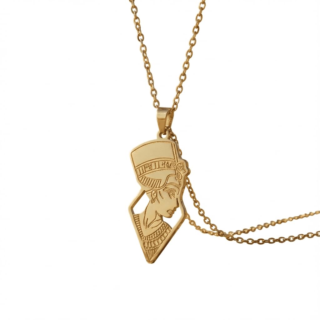 Gold Pharaonic Queen Necklace Modern Pharaonic Design | Gold Plated Egyptian Queen Amulet Necklace | Symbolic and Historical Accessory for Men & Women | Rustproof and Hypoallergenic