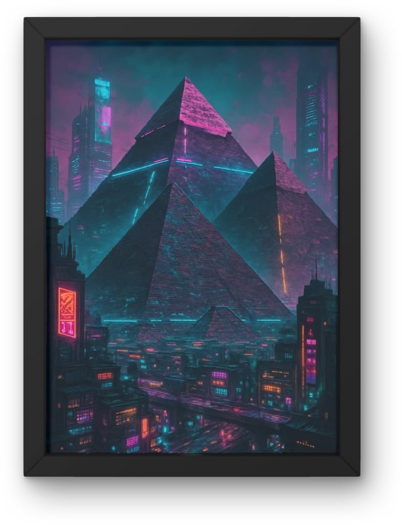 Pyramids Wall Art, Framed Print, 30x40 cm, Black Frame, Neon City Design