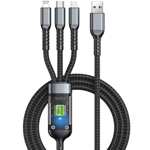 3 in 1 Multi Charging Cable, 100w Fast Charge for Multiple Devices, Braided Universal Phone Charger Cord with Type-C, Micro USB, IP Port for iPhone16/15/14/13/iPad/Android Phones and More (1)