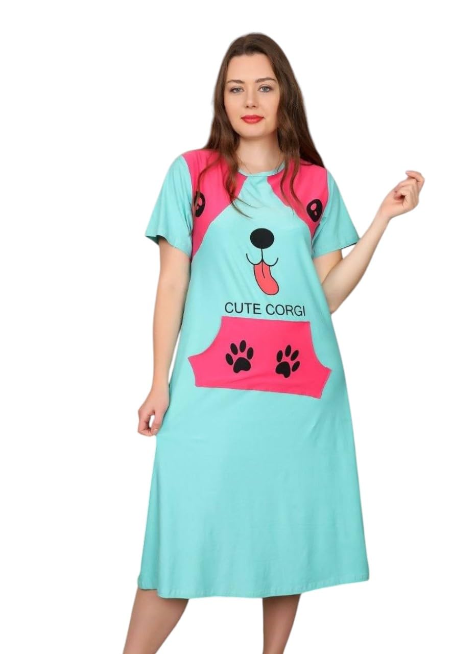 Jalabiya Women Summer Midi Half Sleeve Cartoon Print Cotton Nightgown Comfortable Home/Code 1182