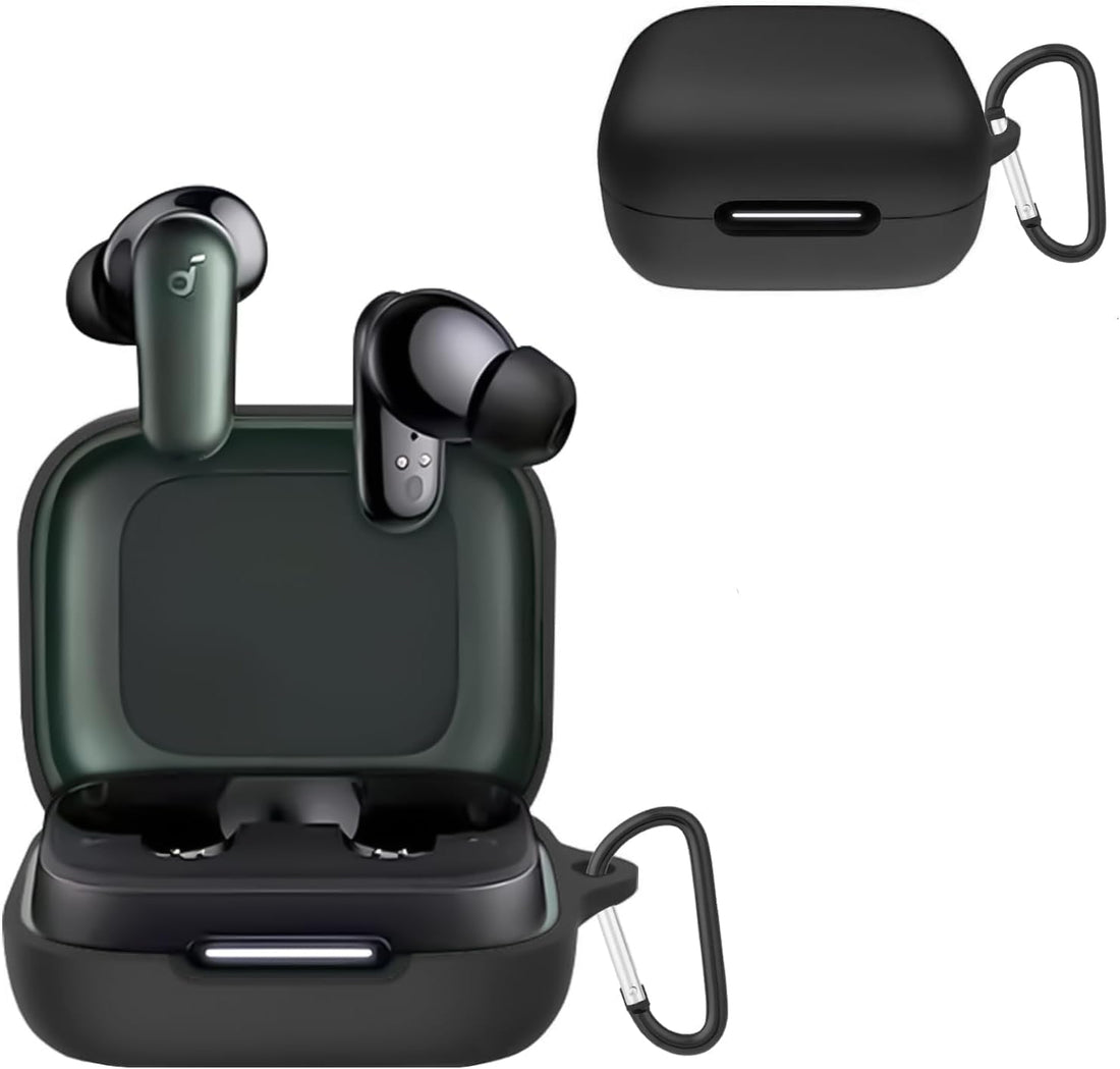 Case Cover Compatible with Anker Soundcore R50i NC/Anker P30i Case Cover, Soft Silicone Shockproof Protective Case Wireless Earbuds with Carabiner, Front LED Visible (Black)
