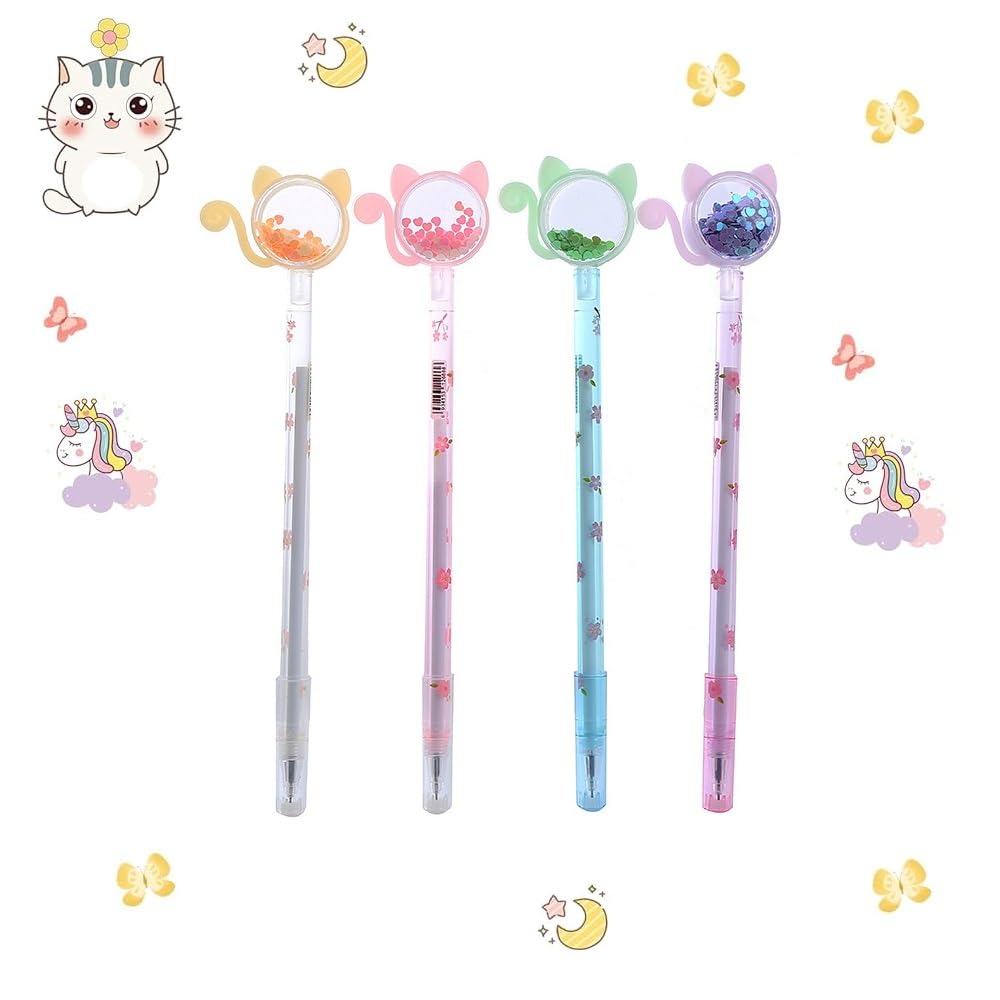 GQ 4Pcs Cute Cat Neutral Pens - Black Ink Cartoon Sequin Pen, 0.5mm Ballpoint Creative Set, Stationery School Office Supplies
