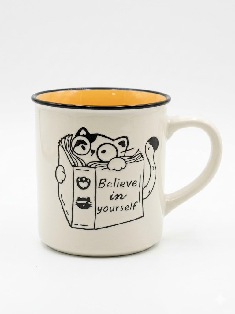 Porcelain Mug with Cat Book Design, Motivational Quote, Enamel Style with Black Rim, Interior, Ceramic. (Light Orange)