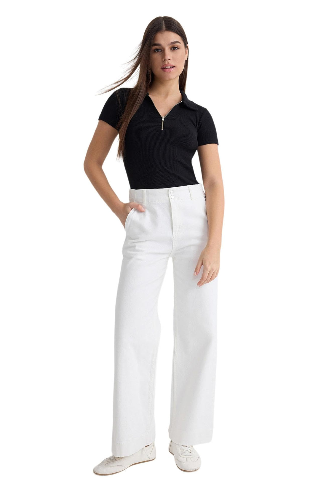 Trendyol Woman White Button Detail High Waist Wide Leg Jeans TWOSS25JE00183 Jeans