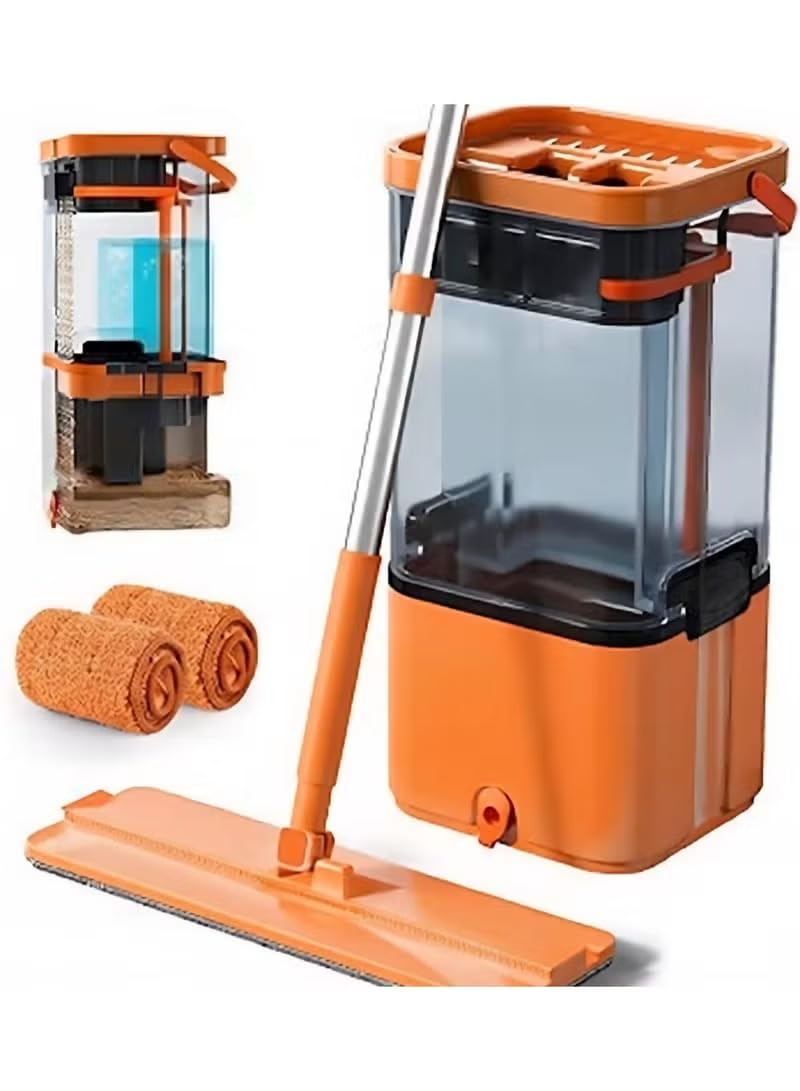Floor Mop with Cleaning Bucket, Double Layer Self Cleaning System, Orange and Grey, Clean and Dirty Water Separation
