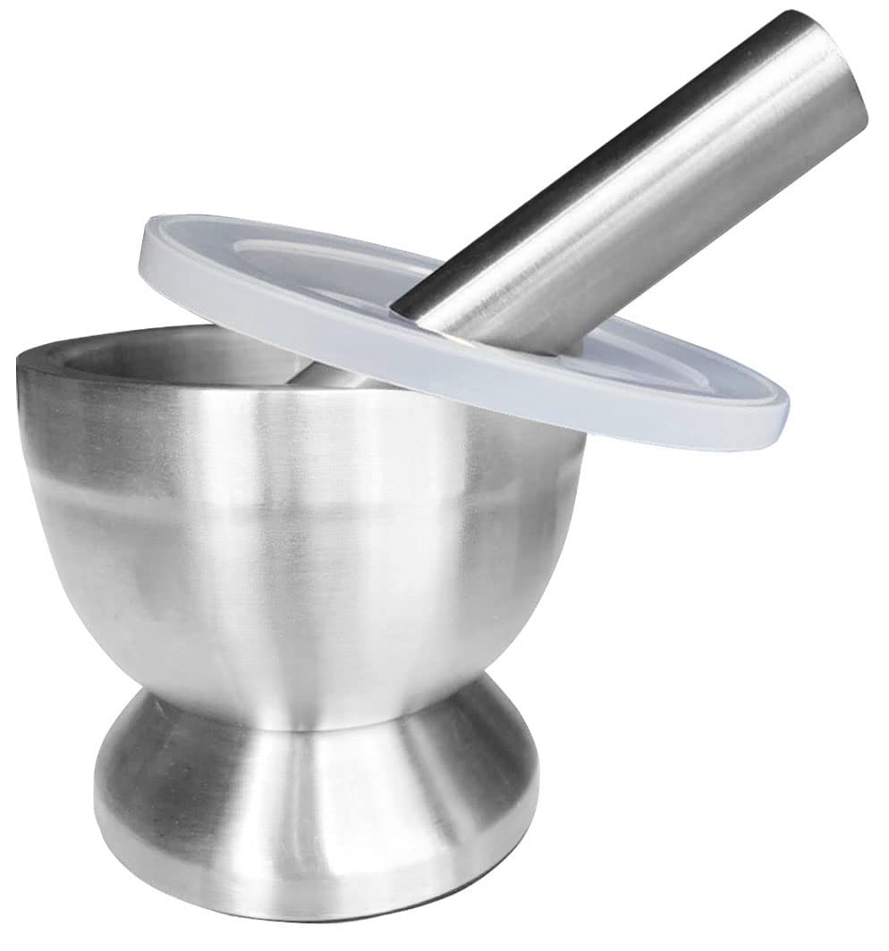 Mortar and Pestle Bowl Set with Silicone Lid for Medication Pills Crusher, Heavy Duty Stainless Steel 18/8 Mortar & Pestle Salt Spice Medicine Grinder Herb Bowl with Anti Slip Base