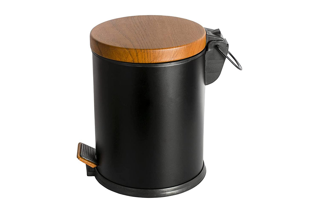 Black Basket Stainless Steel Trash Bin with Pedal, Garbage Can Waste Basket with Wood Lid, Used at Home, Office Kitchen & Bathroom, 5 Liter