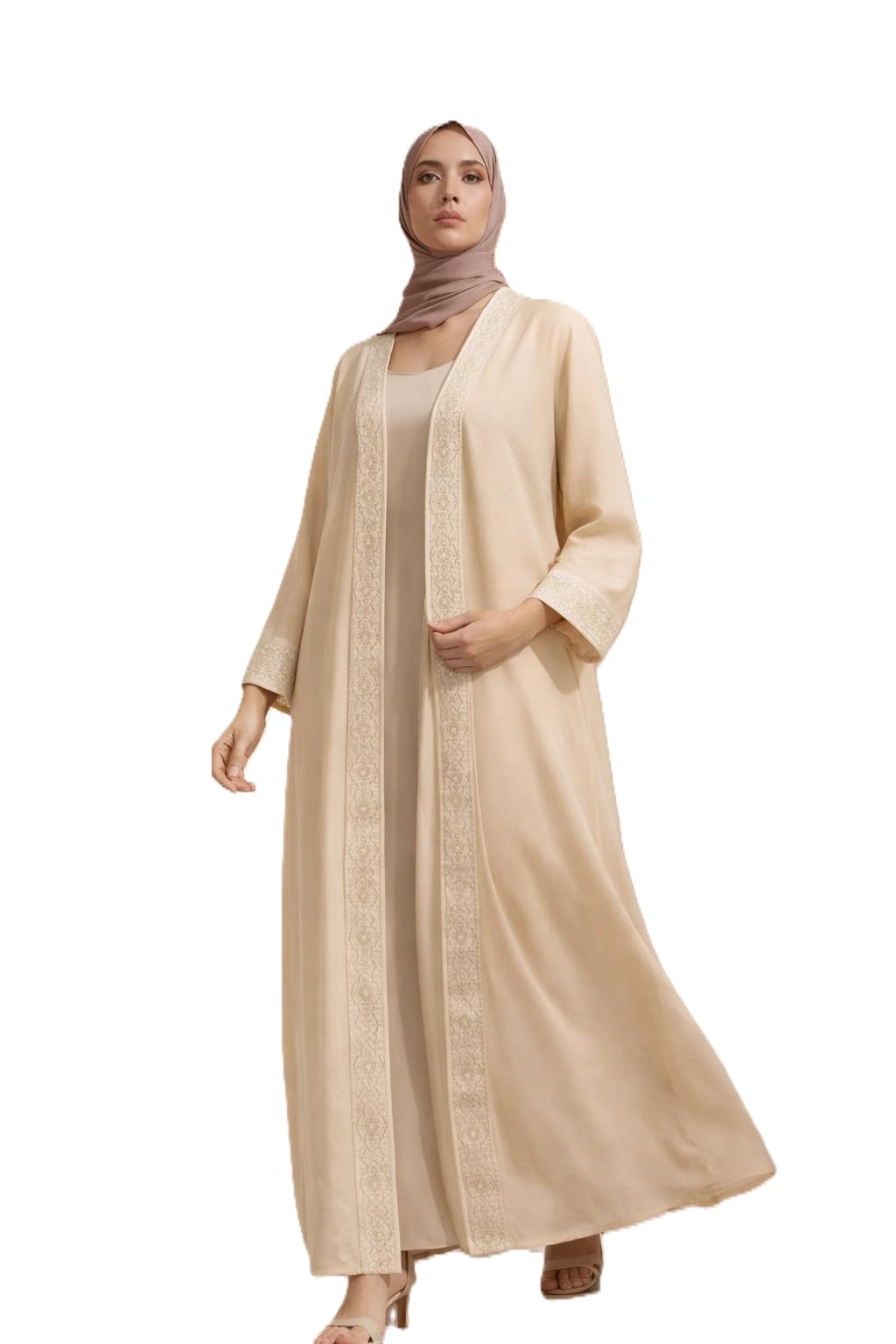 Women's Long Open Abaya with Elegant Embroidery on Edges and Sleeves, Modest Fashion Design, Soft and Light Material, Suitable for Occasions and Daily Wear