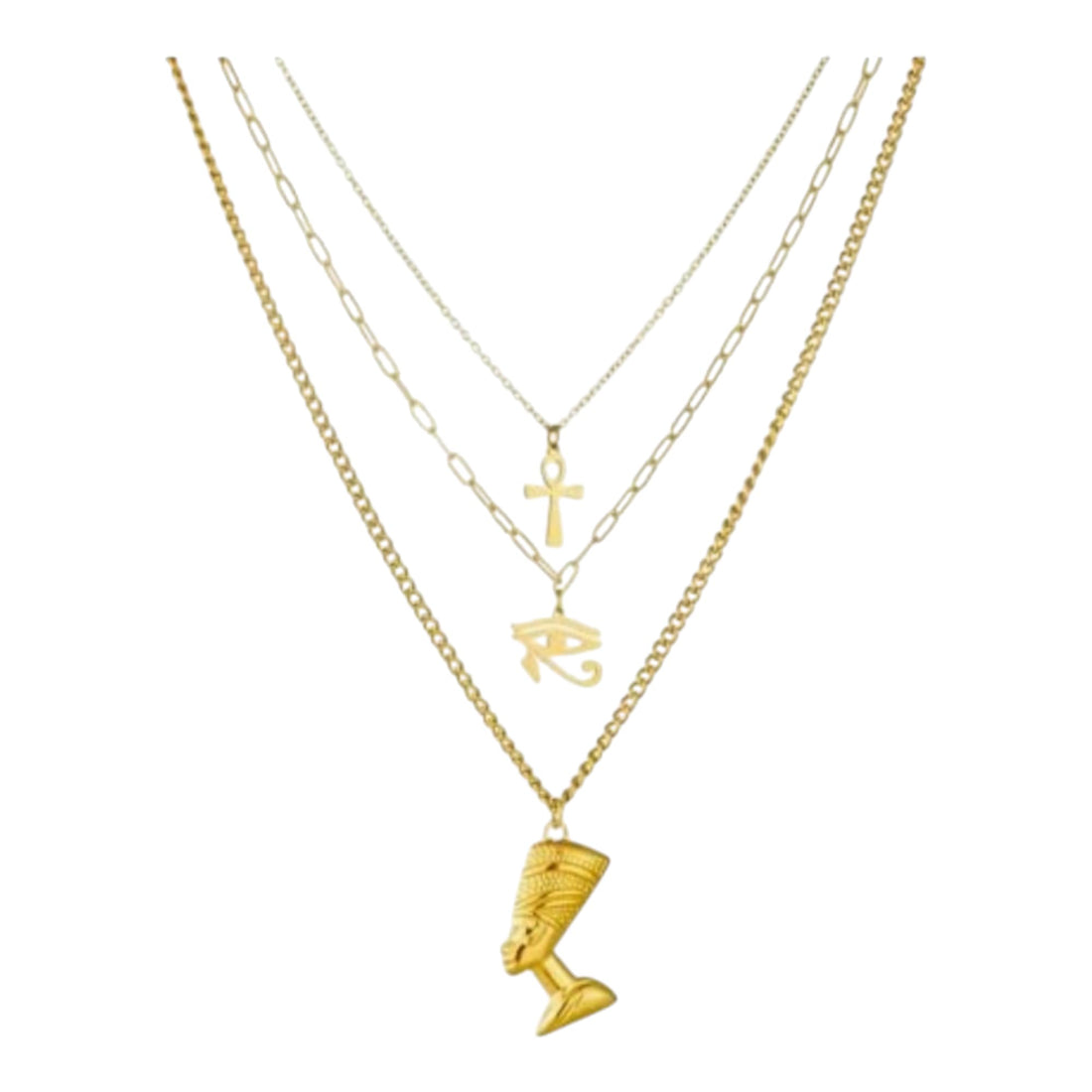 Gold Egyptian Necklace Set, 3 Pieces, Pharaoh Pendants, Cross and Eye of Horus