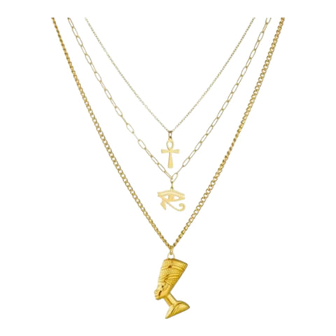 Gold Egyptian Necklace Set, 3 Pieces, Pharaoh Pendants, Cross and Eye of Horus