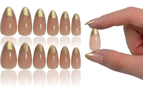 12pcs Gel Press On Nails Coffin OVAL Shiny False Nails Full Cover Artificial Fake Nail Art Tips- Comes With 1 SHEET DOUBLE FACE -GOLD FRENCH MIX COLOR (N2)
