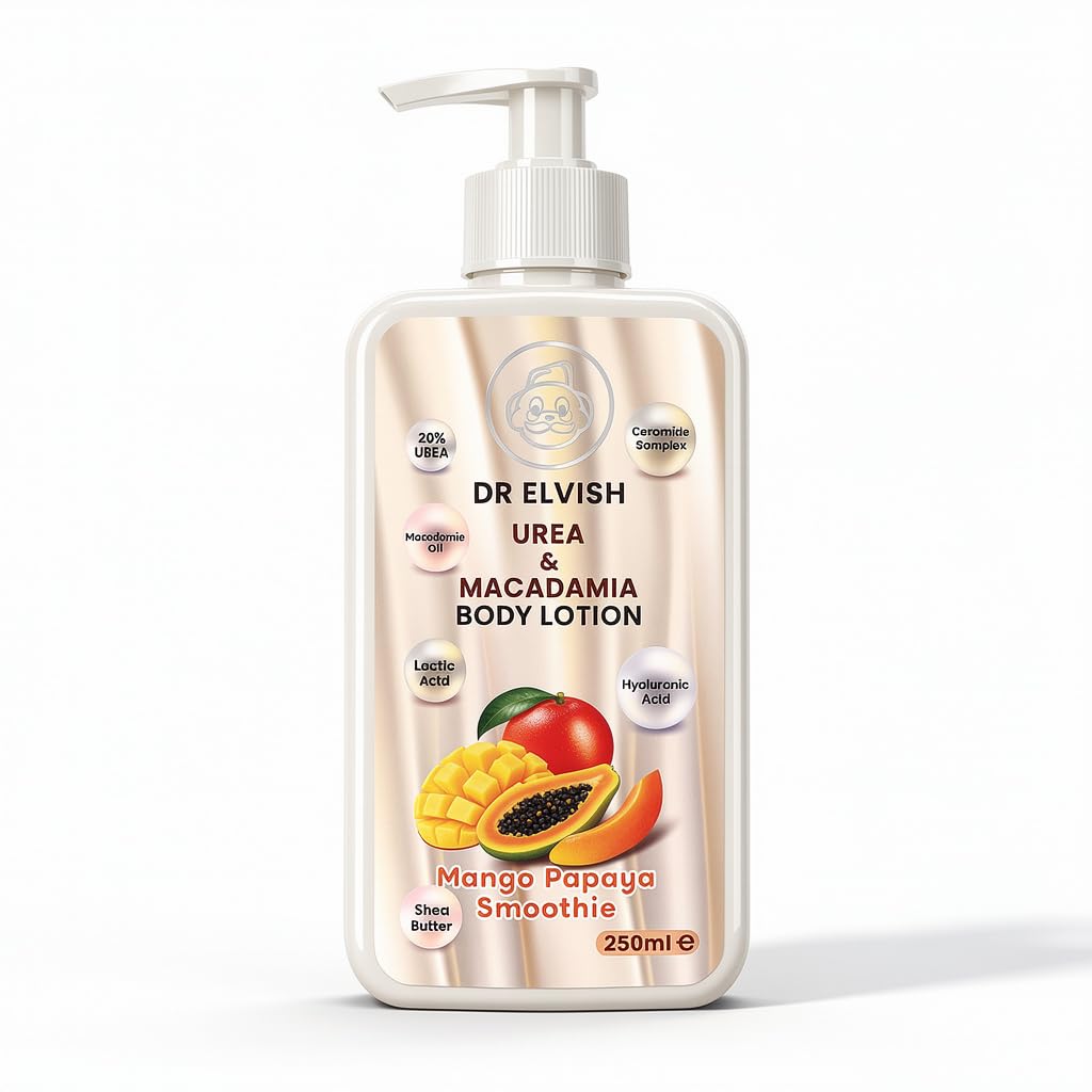 Dr. Elvish Mango Papaya Smoothie Body Lotion 200ml – Intensive Moisturizing Body Cream with 20% Urea, Macadamia Oil & Ceramides | Long-Lasting Hydration for Dry & Rough Skin | Fast Absorbing Formula