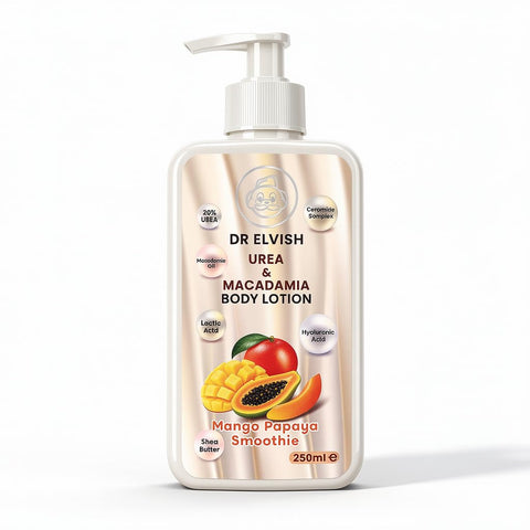 Dr. Elvish Mango Papaya Smoothie Body Lotion 200ml – Intensive Moisturizing Body Cream with 20% Urea, Macadamia Oil & Ceramides | Long-Lasting Hydration for Dry & Rough Skin | Fast Absorbing Formula
