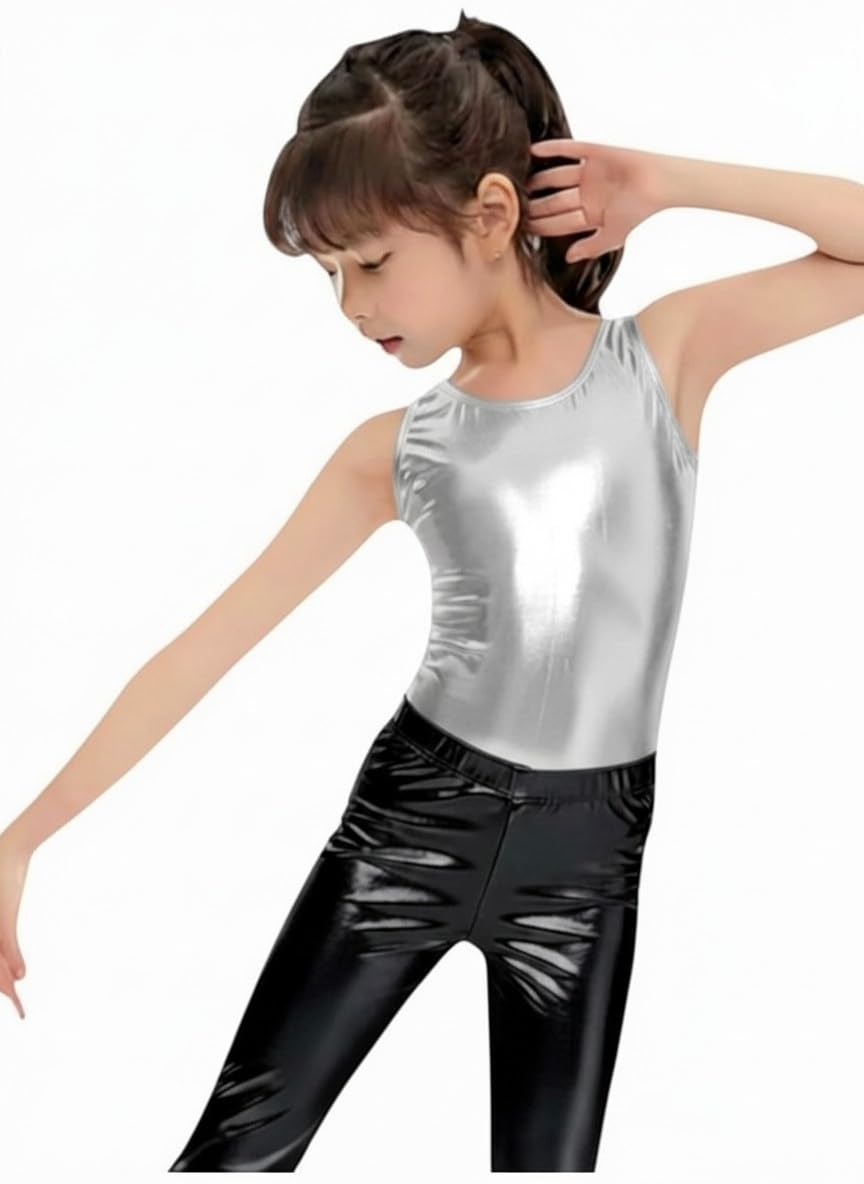 Kids Gold Glitter Disco Dance Bodysuits One Piece with Black Pants, Lycra