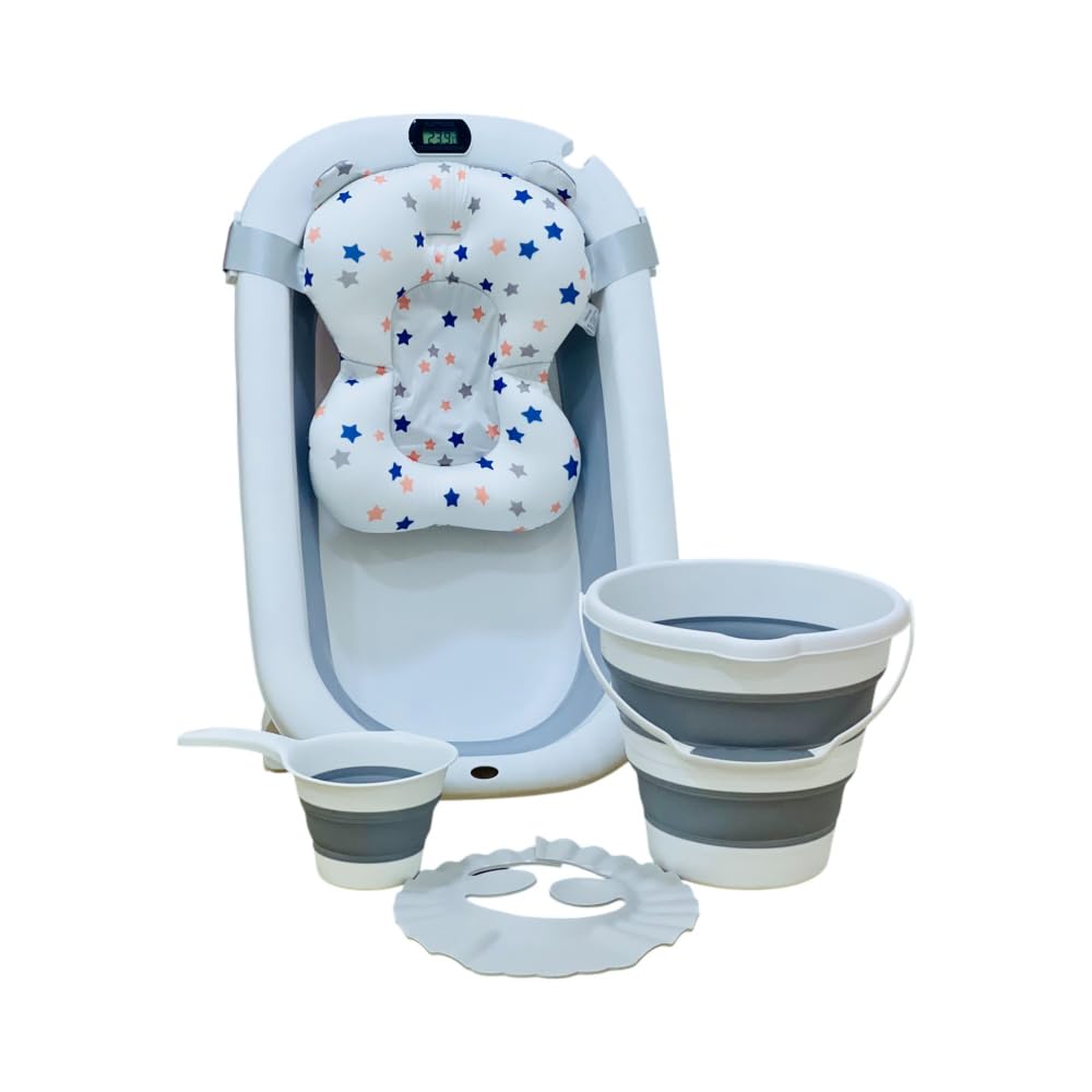 Fantastic-Kids-Toys 5-in-1 Foldable Baby Bath Tub Temperature Detector for Newborn Babies, Includes Bath Pillow, Shower Cap, Foldable Bucket, Foldable Water Scoop for Baby-YM-205