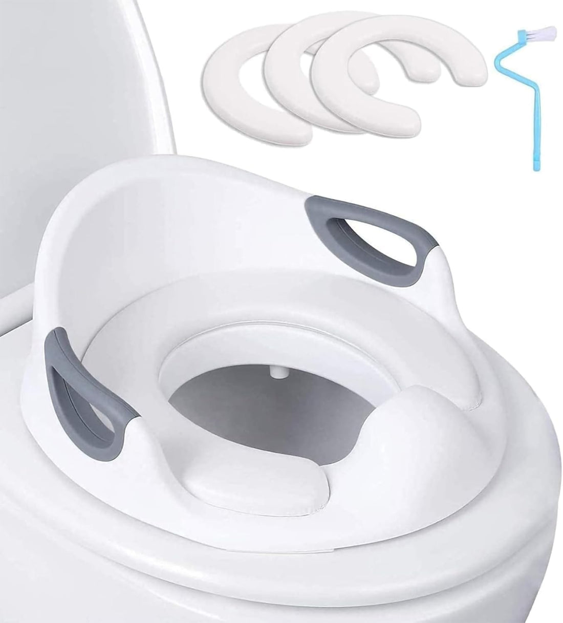 ALMEKAQUZ Potty Training Baby Toilet Seat for Kids with Handles & Detachable Soft Cushion, Kids Travel Potty Seat with Anti-Slip Design, Includes Toilet Brush and 3 x Dismountable Cushion