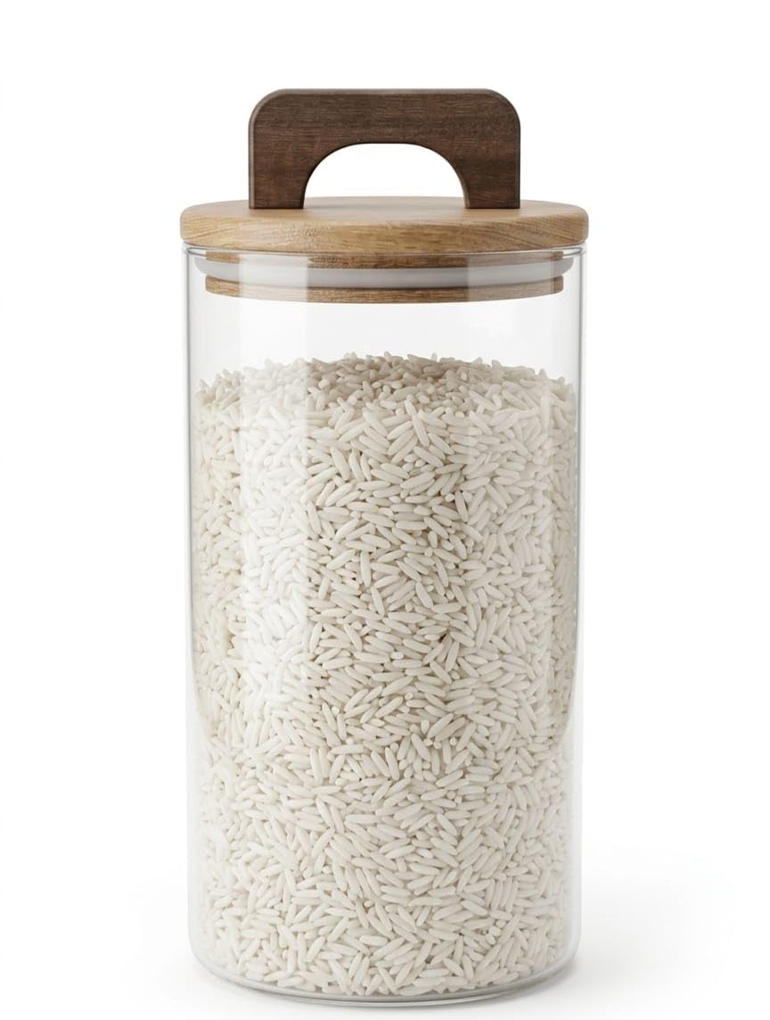 Large Glass Spice Jar with Wooden Lid with Hand,Round,Clear Glass Storage Jar with Wooden Lid with Handle,Rice and Cereal Storage and Dry Items,1700ml