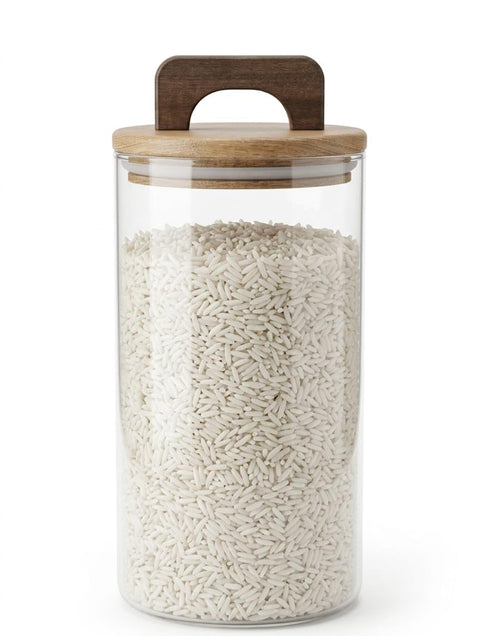 Large Glass Spice Jar with Wooden Lid with Hand,Round,Clear Glass Storage Jar with Wooden Lid with Handle,Rice and Cereal Storage and Dry Items,1700ml