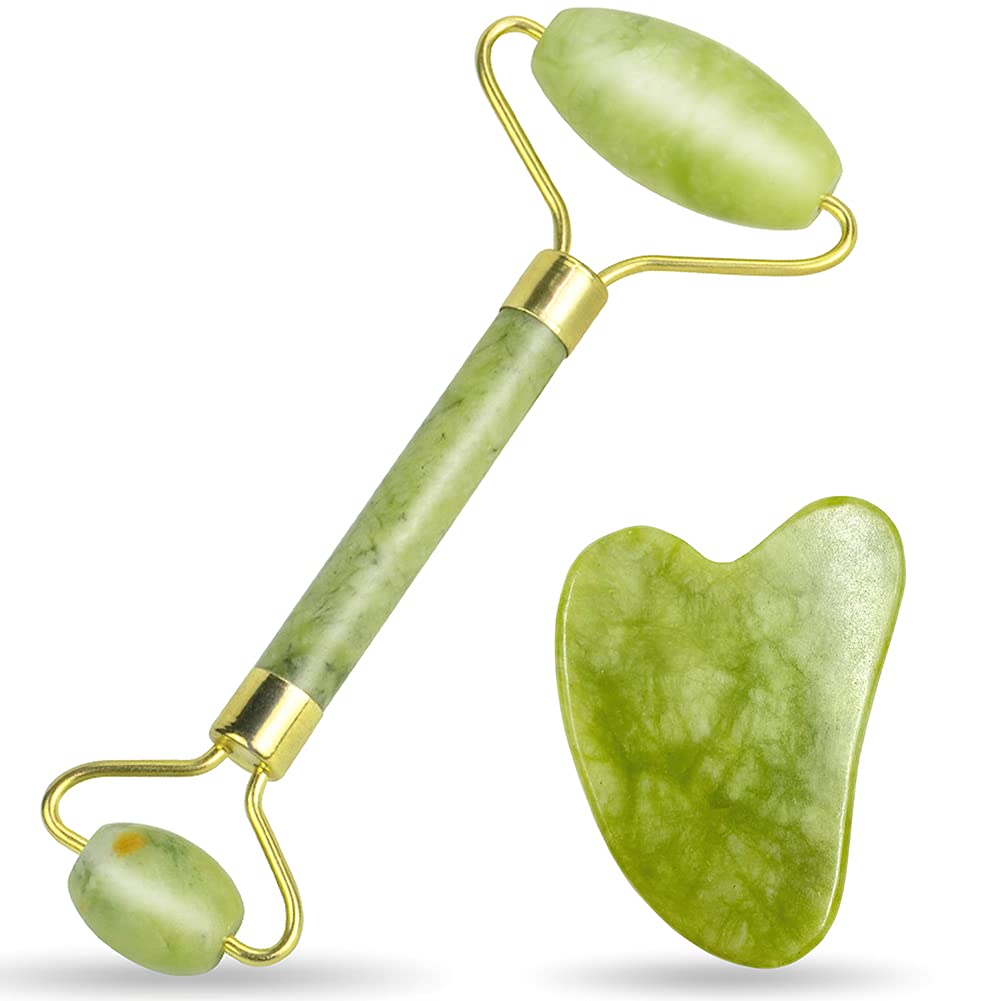 Gua Sha Facial Tools Set and Jade Roller for Face, Jade Roller, 100% Real Natural Stone Beauty Jade Facial Roller Massage Tool for Face Eyes Neck Body – Anti Aging Beauty Treatment